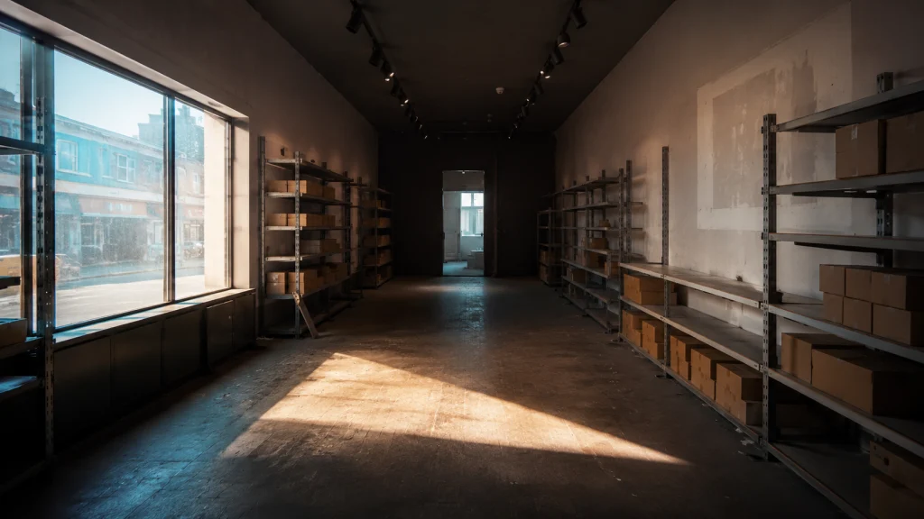 Empty retail shopfront mid-clearance, bare shelving and unbranded boxes lit by afternoon window light