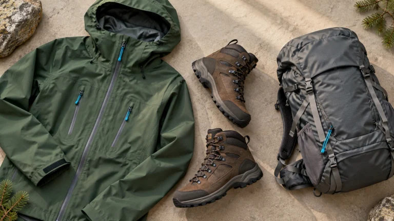 Flat lay of technical outdoor and performance clothing — waterproof jacket, hiking boots, and backpack