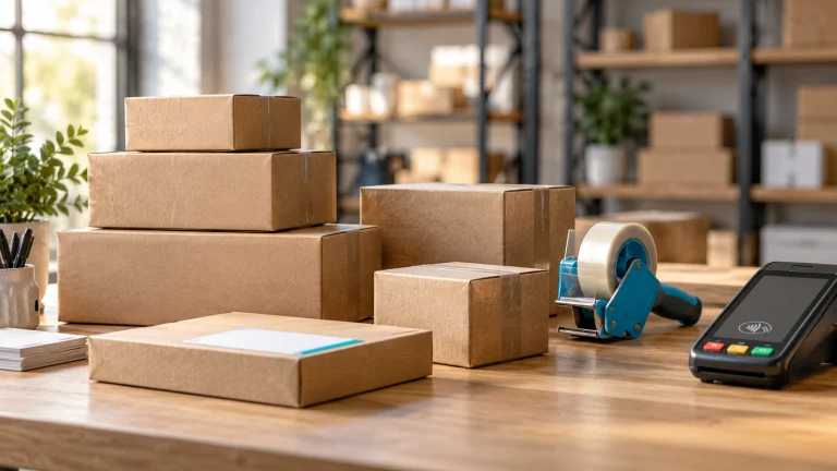 Packing station with stacked cardboard parcels and a card payment terminal, ready for peak-season orders.