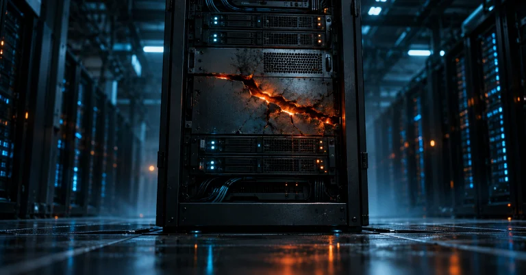 Server rack with a glowing crack across one panel, illustrating a critical PHP security vulnerability